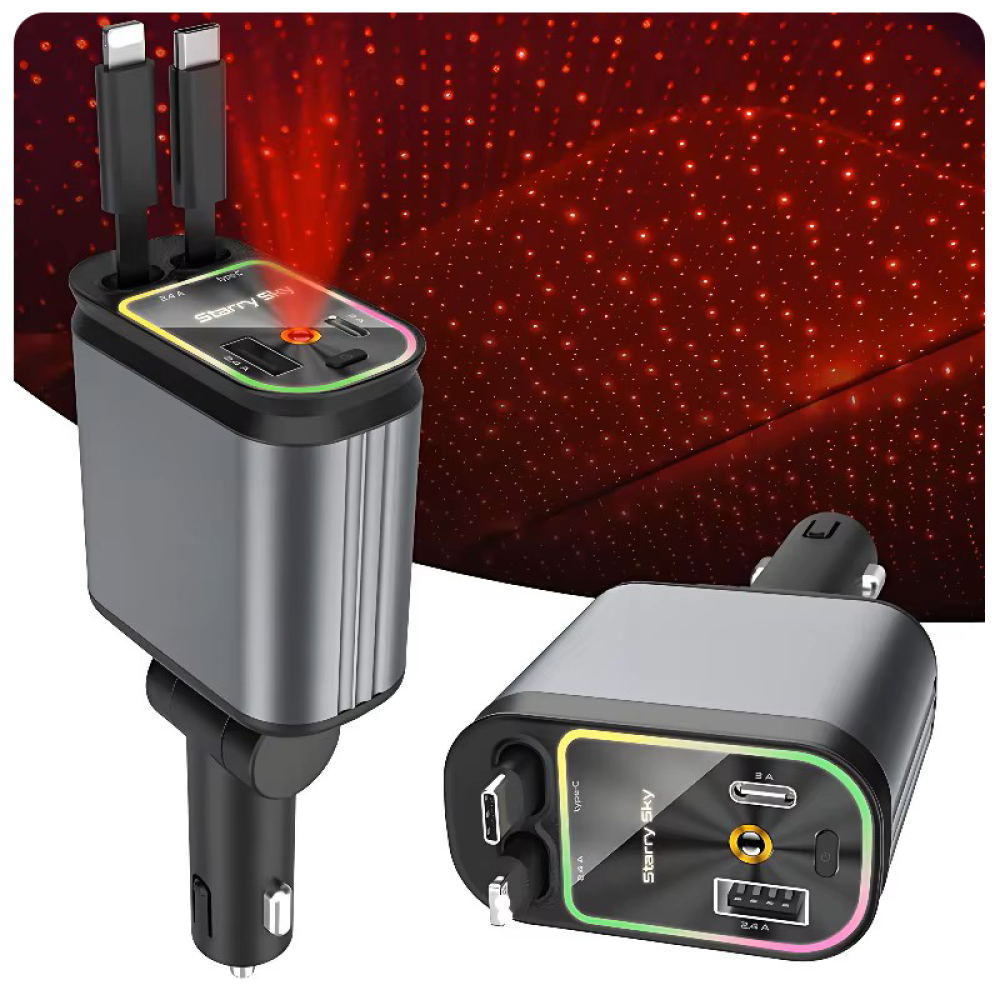 شاحن سيارة 4 في 1 🚗🔌 قابل للسحب ↩️ مع إضاءة سقف نجوم ✨